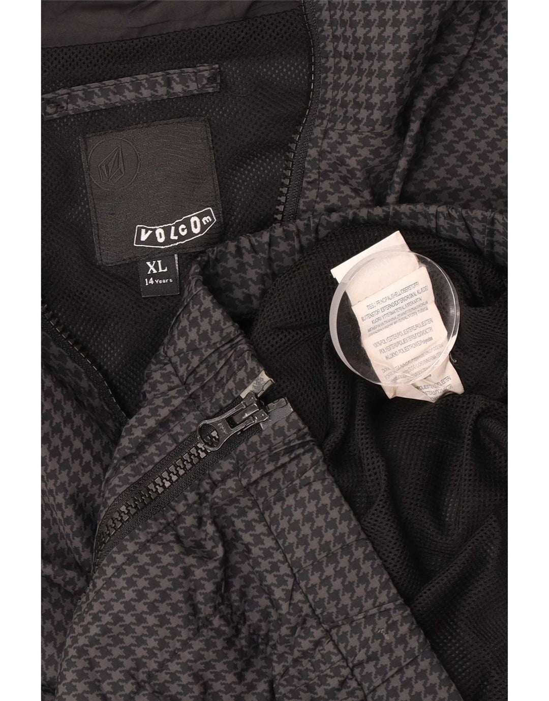 Jaqueta de chuva com capuz para meninas Volcom 13-14 anos XL cinza Houndstooth poliéster