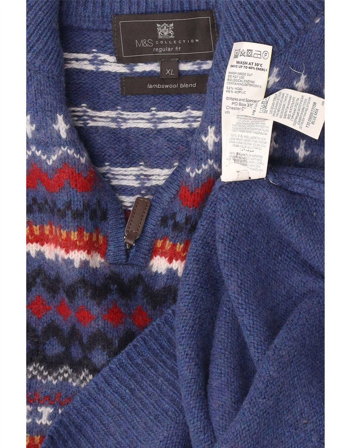 Suéter masculino Marks & Spencer de ajuste regular com zíper e gola XL azul Fair Isle