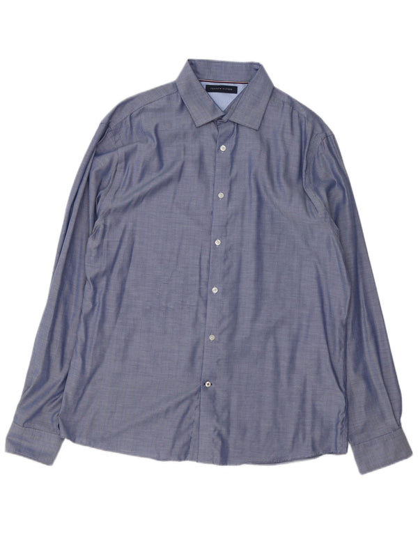 Camisa masculina Tommy Hilfiger tamanho 16 1/2 grande algodão espinha de peixe azul