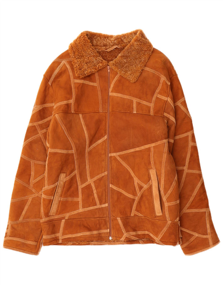 Jaqueta Shearling Feminina Vintage Reino Unido 14 Marrom Médio Geométrico