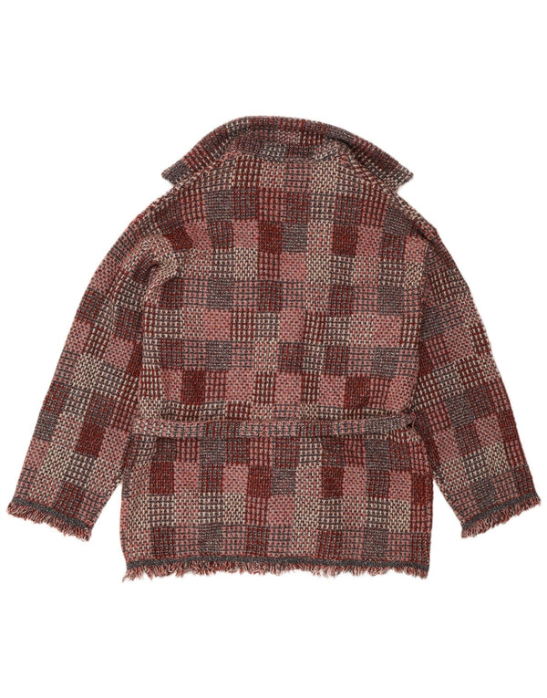 Zara Suéter Cardigan Oversized Feminino UK 16 Grande Acrílico Xadrez Borgonha