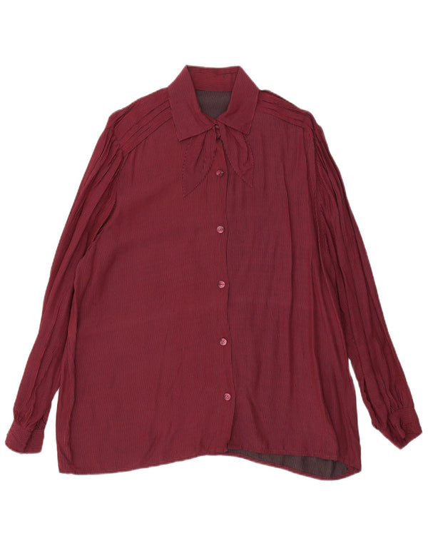 Camisa feminina vintage com gravata frontal Reino Unido 16 risca de giz grande Borgonha