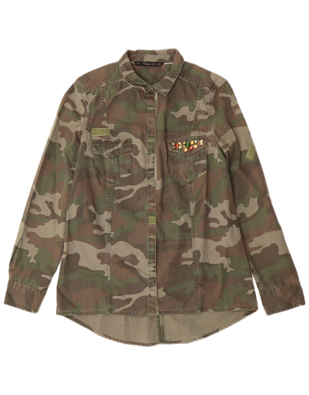 Camisa militar feminina ZARA Reino Unido 12 algodão camuflado cáqui médio