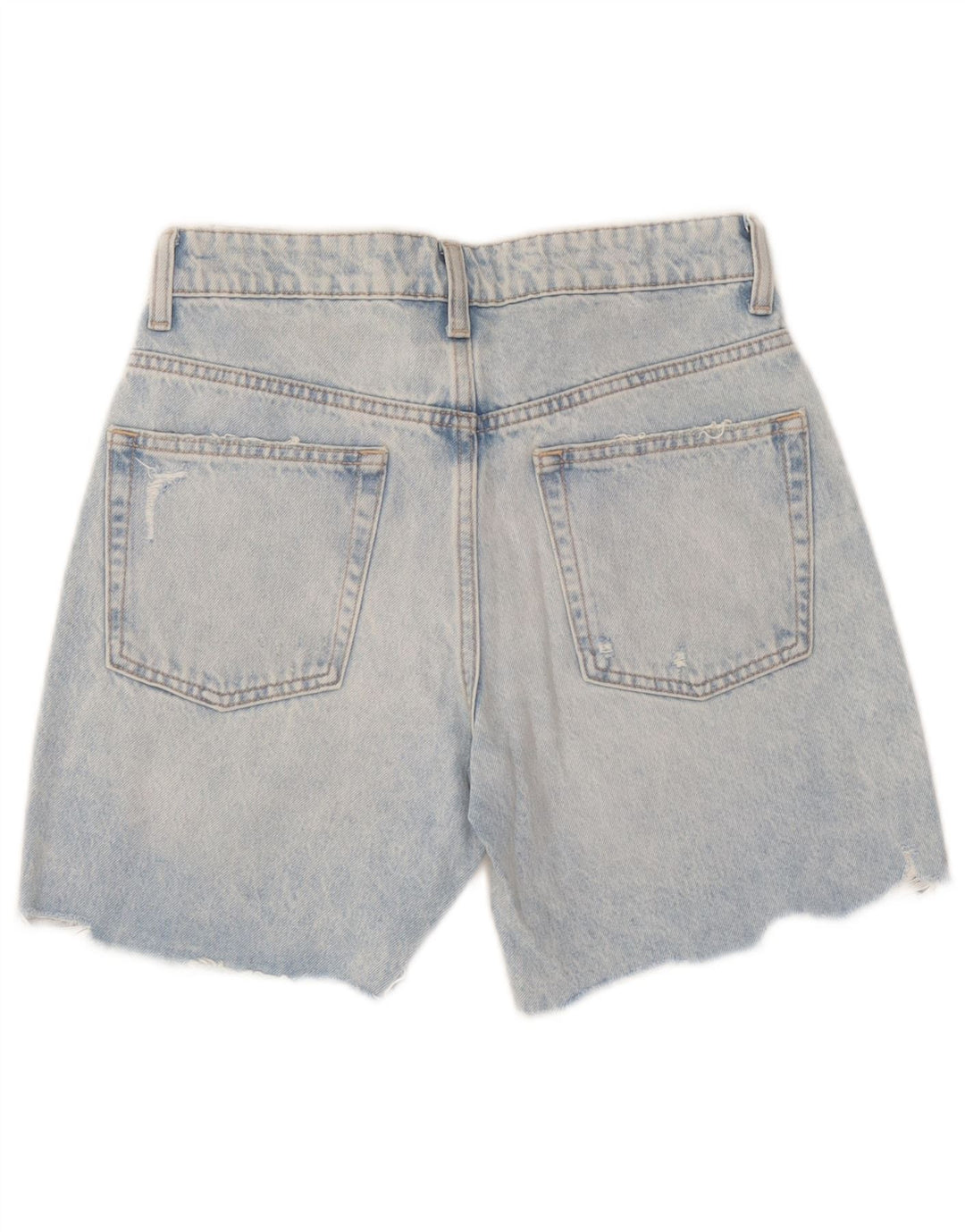 Zara Shorts jeans feminino desgastado UE 36 XS W26 azul patchwork algodão