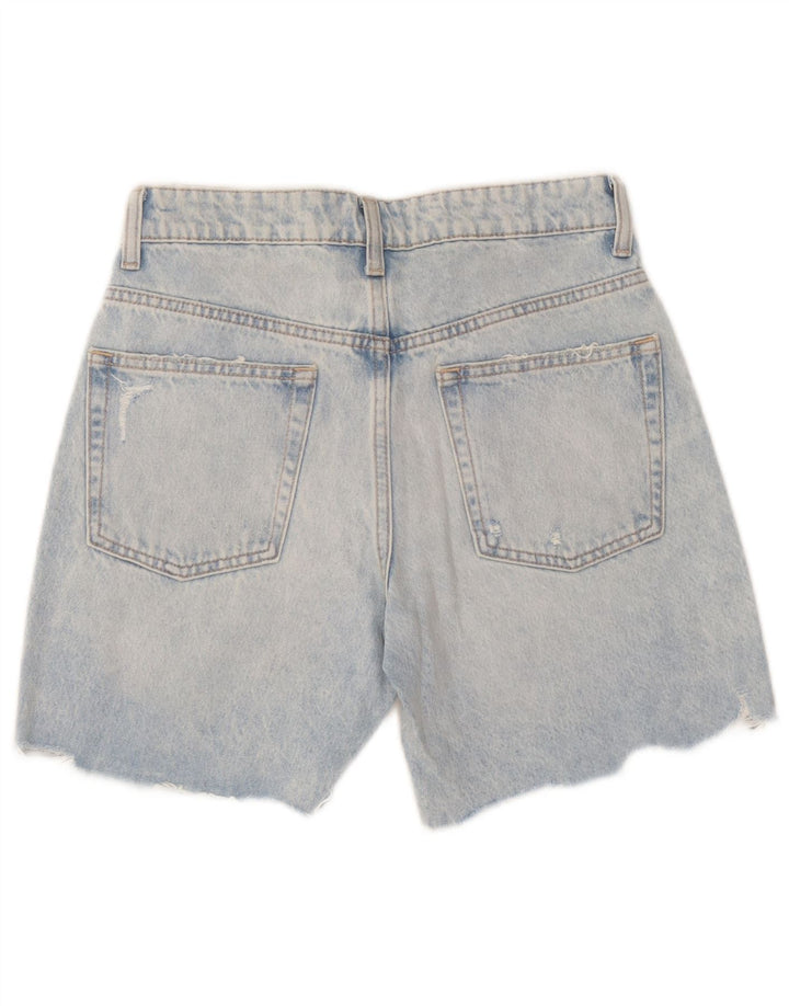 Zara Shorts jeans feminino desgastado UE 36 XS W26 azul patchwork algodão