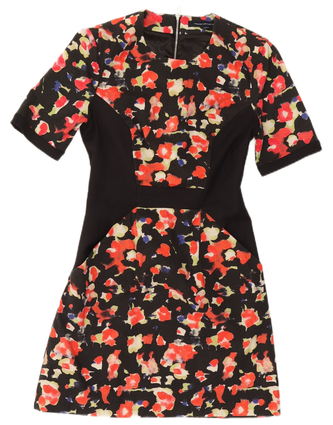 FRENCH CONNECTION Vestido feminino evasê Reino Unido 8 pequeno algodão floral preto