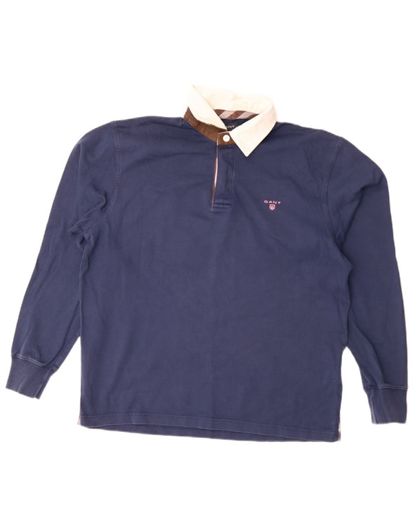 Gant Mens Long Sleeve Rugby Polo Shirt Large Navy Blue Cotton
