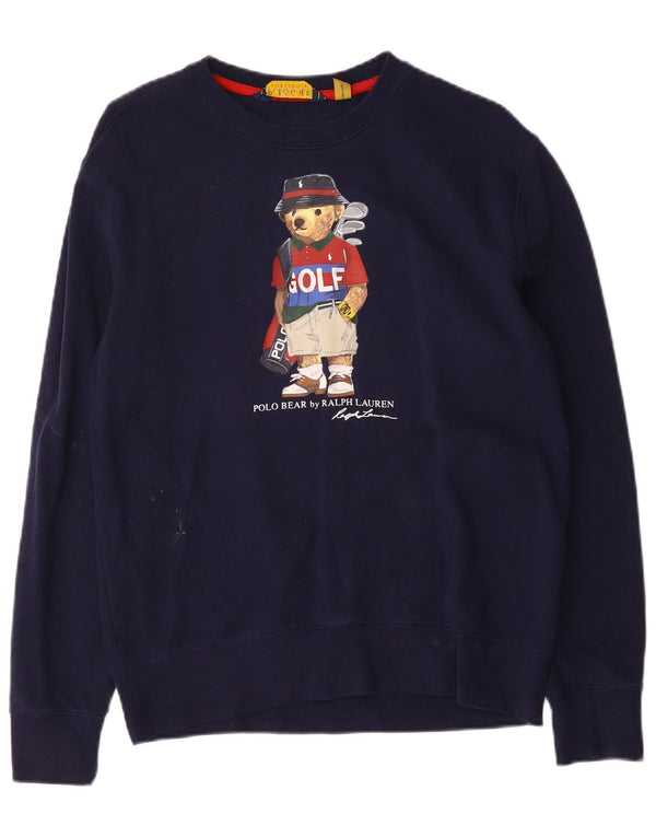 Polo Ralph Lauren moletom gráfico masculino jumper médio azul marinho algodão