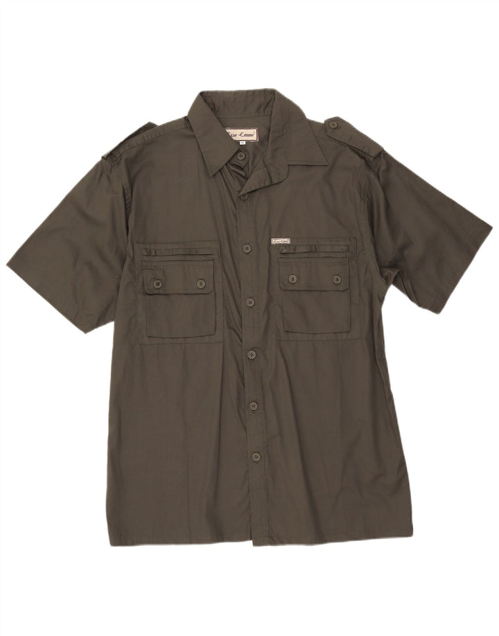 ESSE EMME Camisa militar masculina de manga curta de algodão cáqui médio
