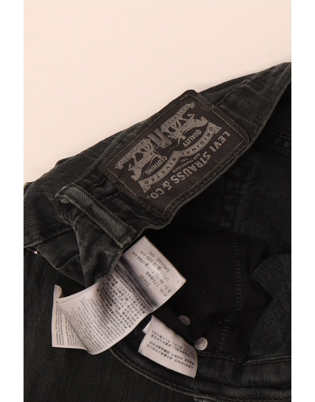 Calça jeans reta masculina Levi's desgastada W33 L32 algodão preto
