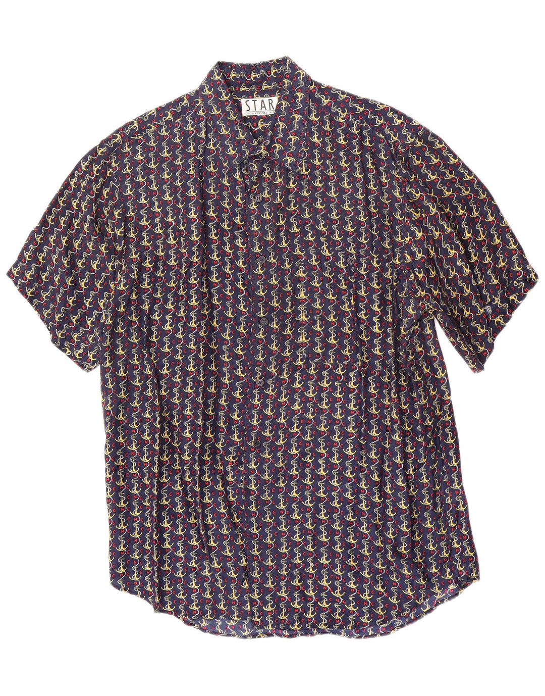 Camisa masculina vintage abstrata padrão manga curta seda azul marinho médio