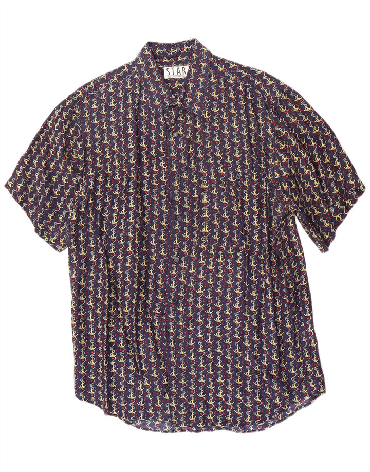 Camisa masculina vintage abstrata padrão manga curta seda azul marinho médio