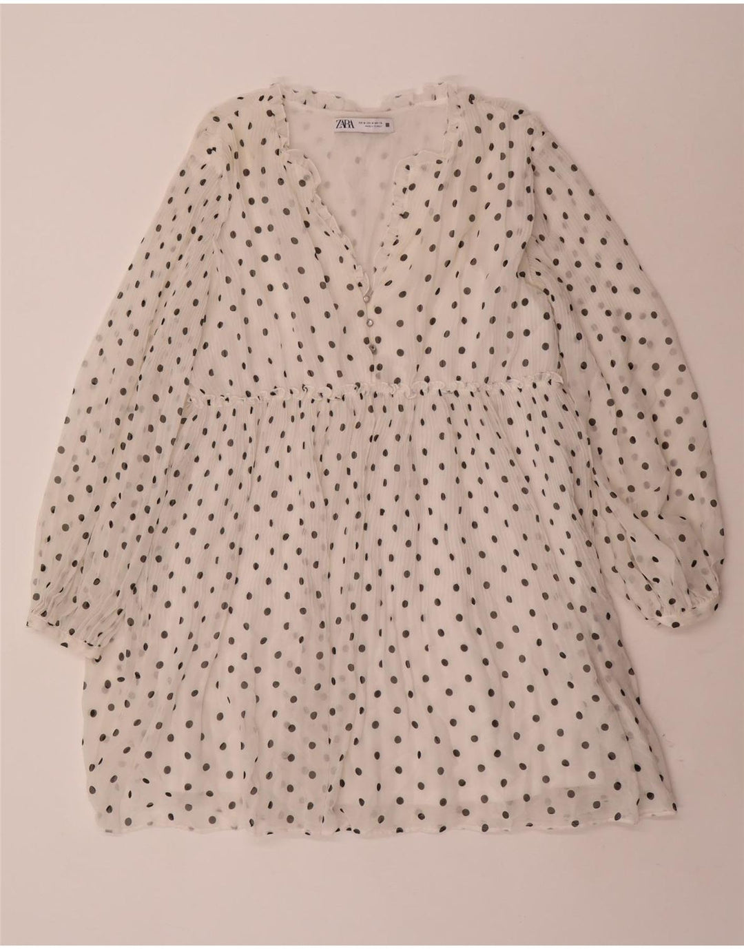 Vestido feminino ZARA manga comprida evasê Reino Unido 14 poliéster manchado branco médio