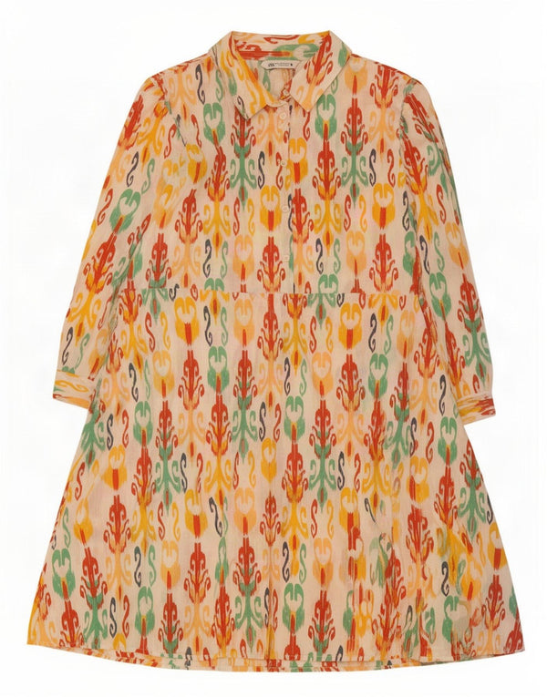 Vestido feminino Zara manga 3/4 linha A UK 20 2XL multicolorido Ikat