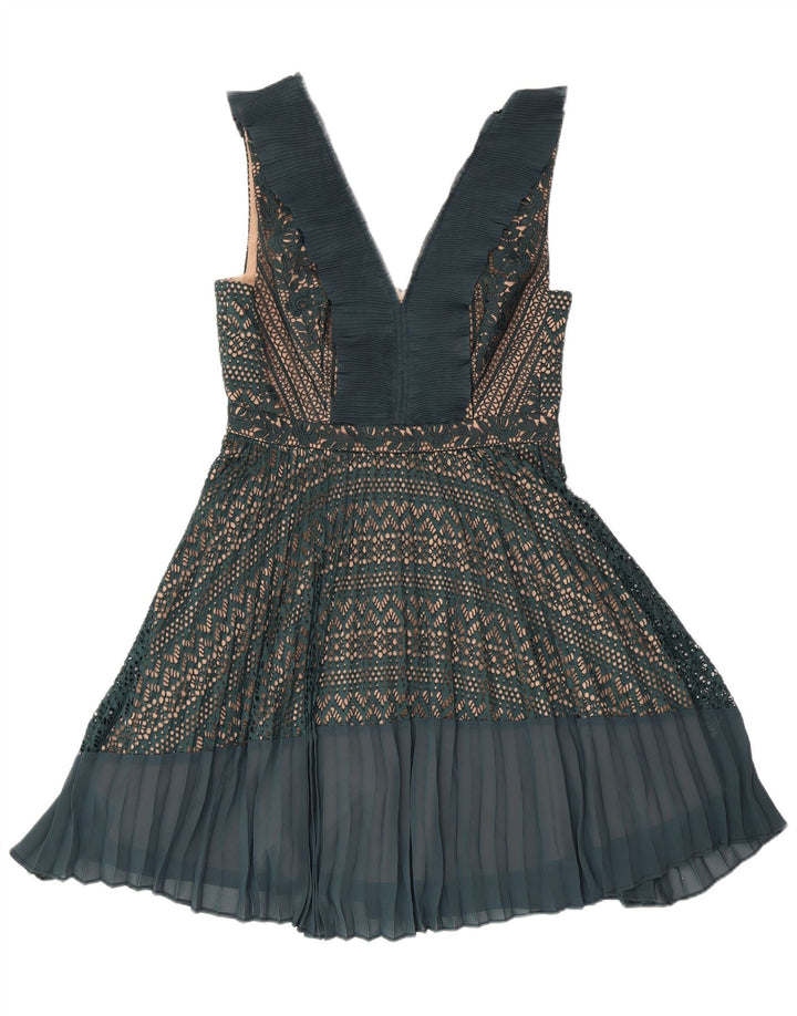 FRENCH CONNECTION Vestido feminino sem mangas evasê UK 12 verde médio