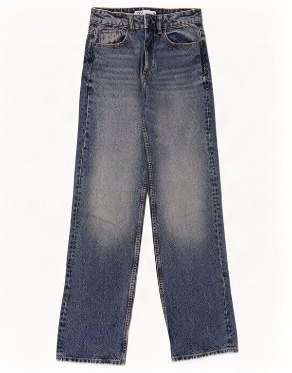 Zara Jeans feminino cintura alta com perna larga EU 34 2XS W24 L31 algodão azul