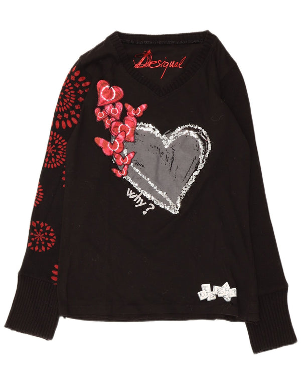 Blusa feminina de manga comprida com estampa Desigual UK 16 grande coração preto