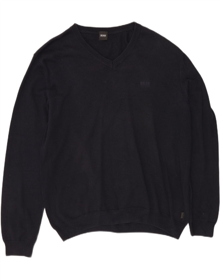 Suéter masculino HUGO BOSS com decote em V XL azul marinho algodão
