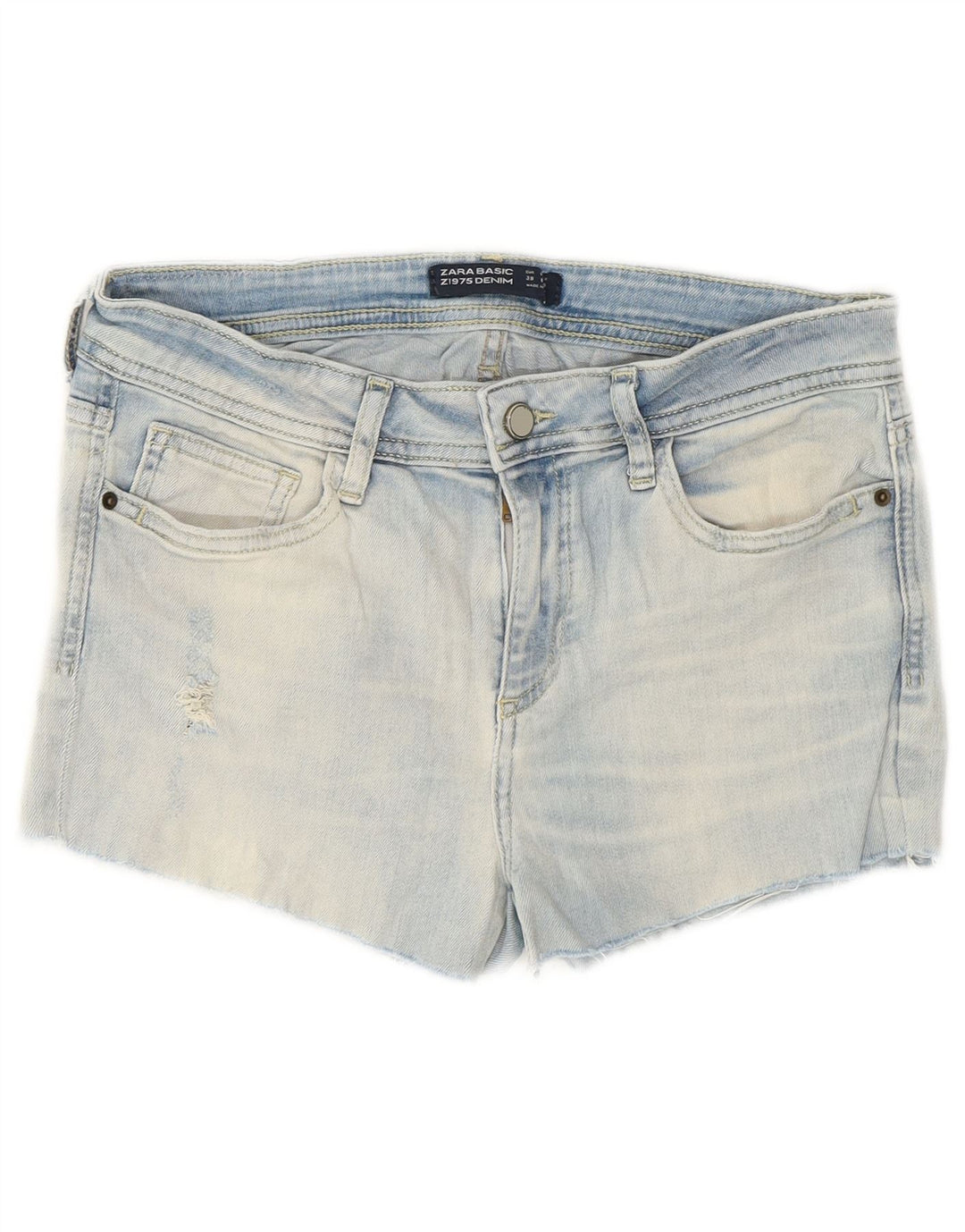 Zara Shorts jeans feminino desgastado UE 38 pequeno W28 azul