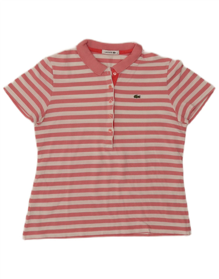 Camisa polo feminina Lacoste tamanho 40 algodão listrado rosa médio