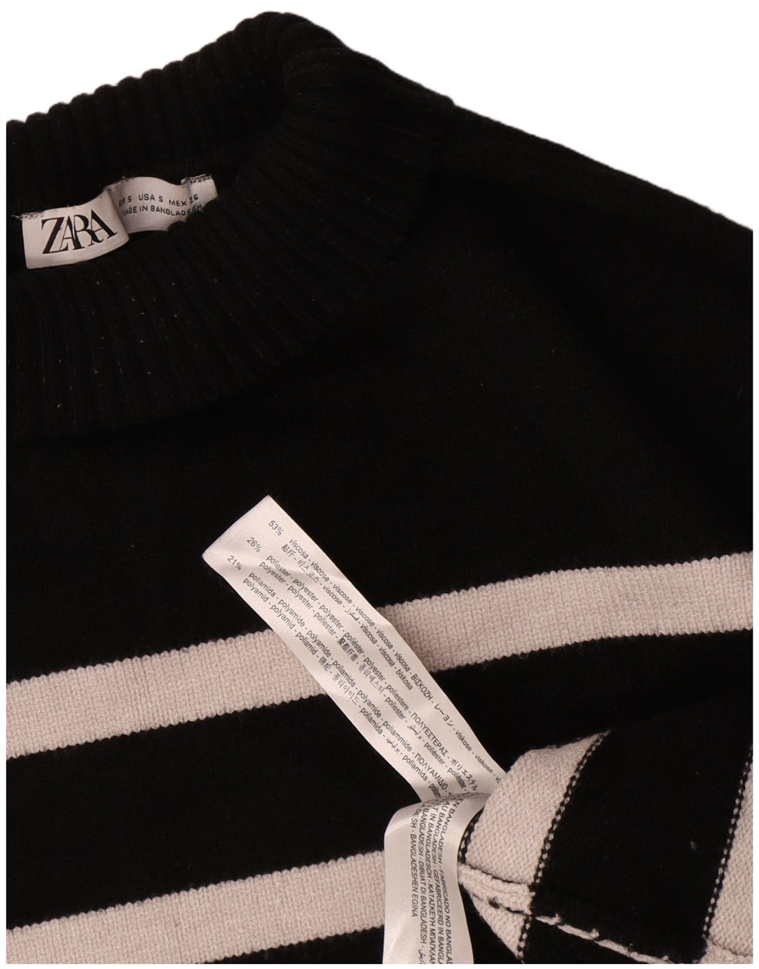 Suéter feminino Zara com gola tartaruga grande e listrado preto pequeno Reino Unido 10