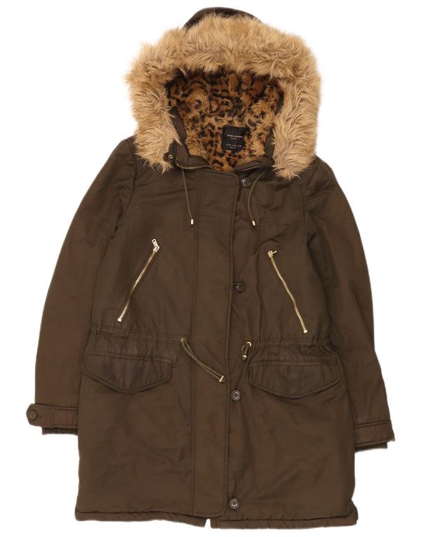 Zara Jaqueta feminina Sherpa Parka com capuz Reino Unido 14 Médio Caqui