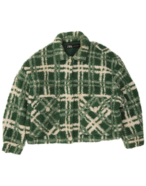 Zara Womens Oversized Fleece Jacket UK 14 Grande Poliéster Verde Check