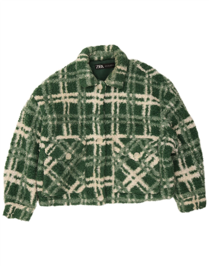 Zara Womens Oversized Fleece Jacket UK 14 Grande Poliéster Verde Check