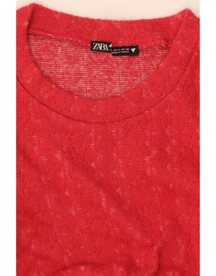 Zara Womens Crop Ruffle Front Top Manga Longa Reino Unido 8 Pequeno Vermelho