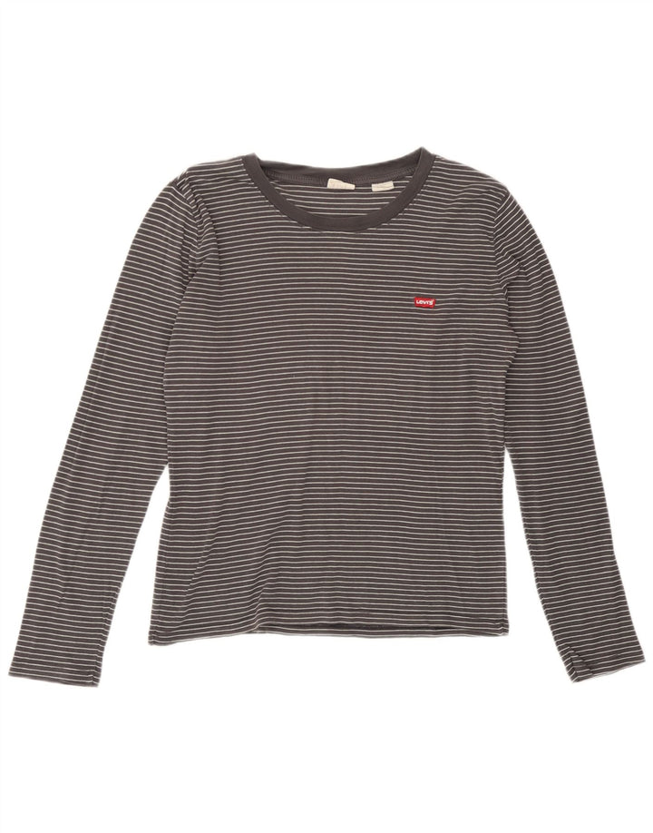 Top feminino Levi's manga comprida UK 14 algodão listrado cinza médio