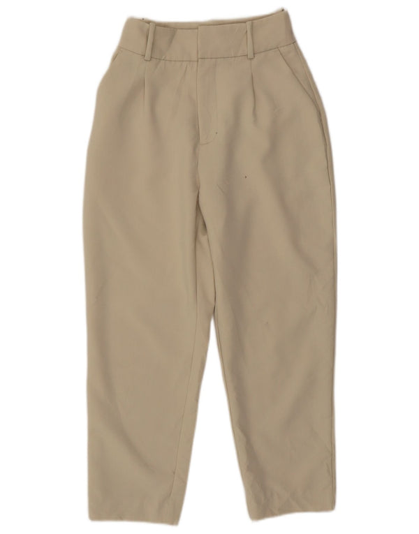 Calça feminina Zara cintura alta cônica cortada XS W24 L23 poliéster bege