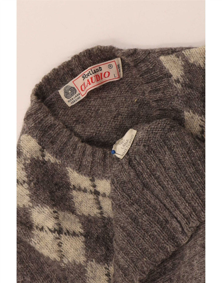 Suéter feminino Claudio com gola redonda UK 14 grande cinza argyle/diamante