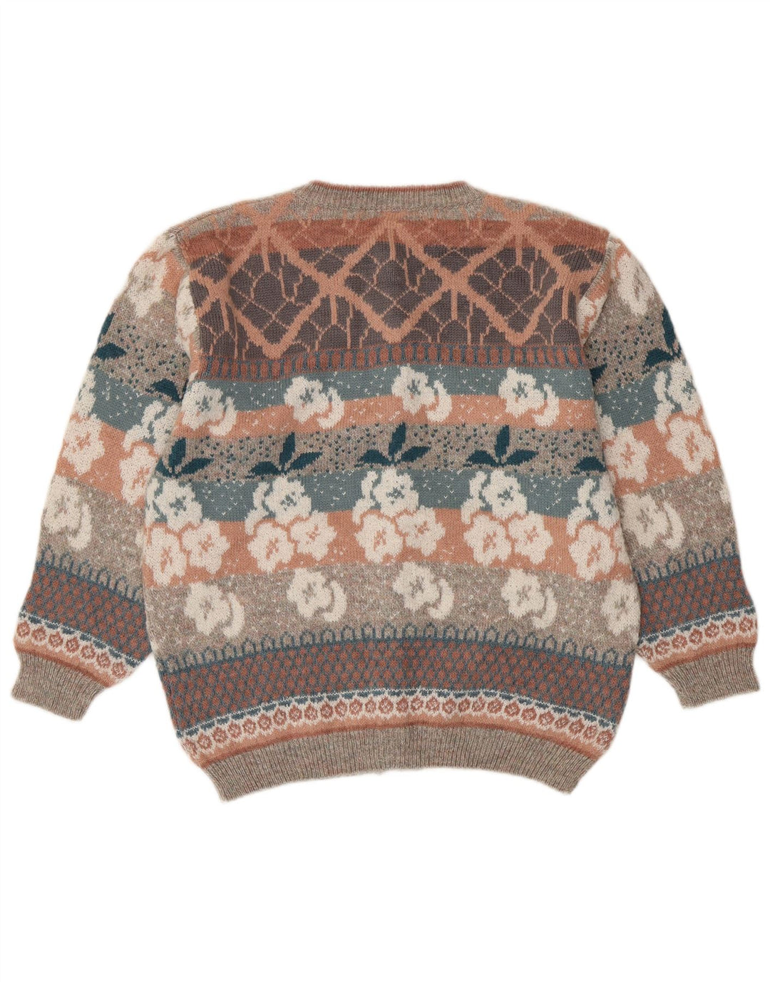 Suéter cardigã feminino SIMONE Reino Unido 16 grande lã floral multicolorida