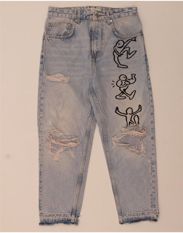 Zara Mens Graphic Distressed Jeans Cropped EU 38 Pequeno W30 L24 Azul Algodão