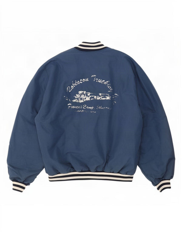 Jaqueta vintage masculina gráfica do time do colégio UK 44 2XL azul