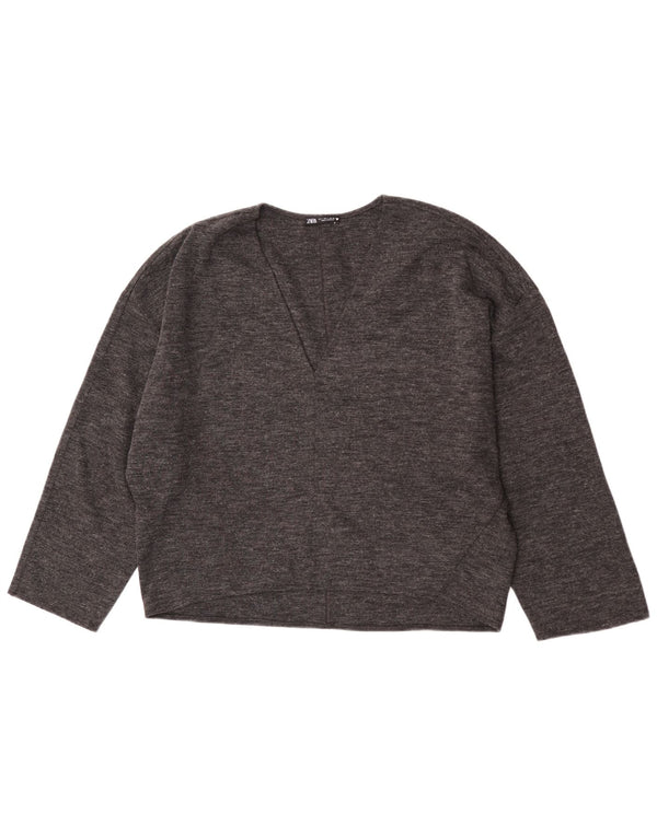 Zara Suéter feminino manga 3/4 com decote em V Reino Unido 16 grande cinza manchado