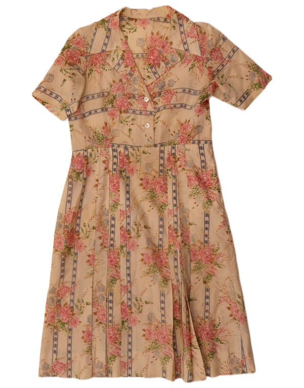 Vestido vintage feminino linha A UK 12 médio bege floral