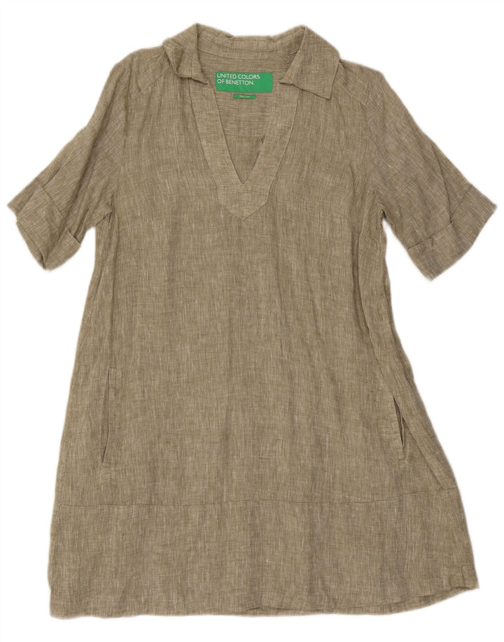 Vestido feminino Benetton A-Line UK 14 linho cáqui médio