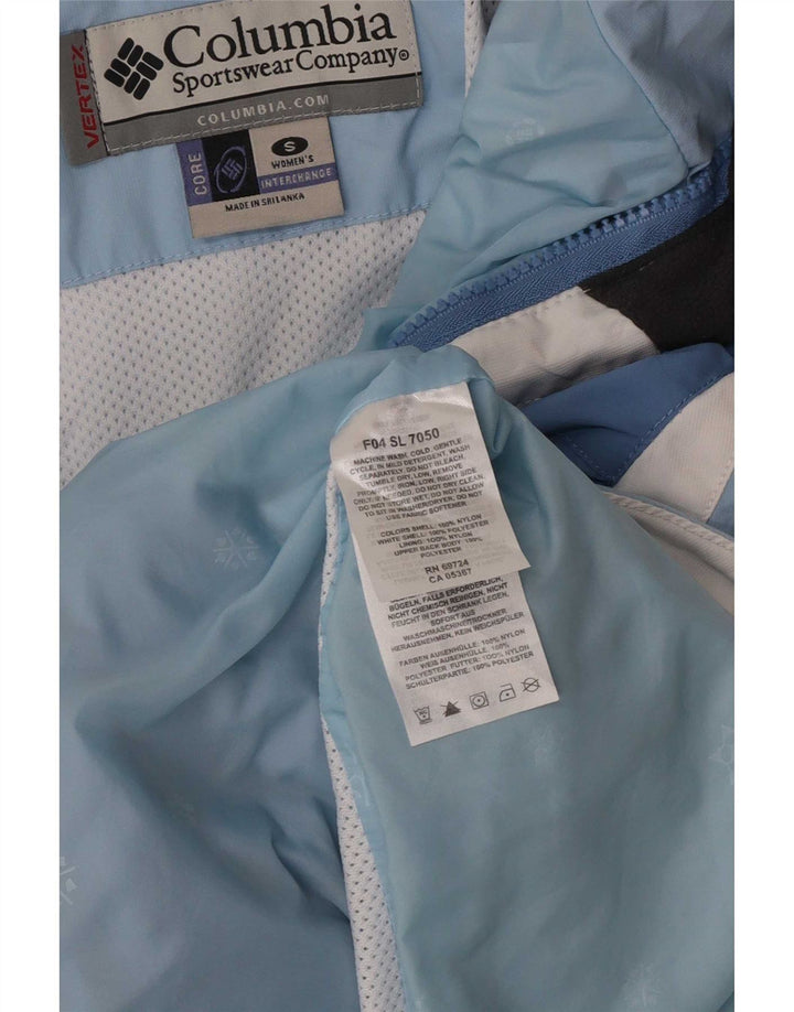 Jaqueta de chuva feminina com capuz grande Columbia UK 10 pequeno bloco colorido azul