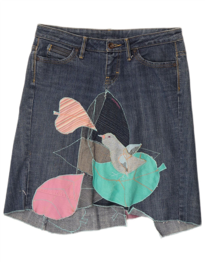 Saia jeans feminina assimétrica gráfica Mango EU 40 médio W30 algodão azul