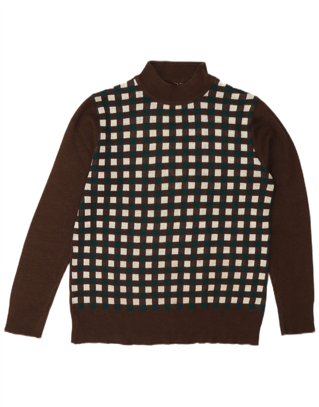Suéter feminino vintage com gola tartaruga Reino Unido 12 marrom médio geométrico
