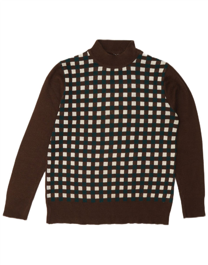 Suéter feminino vintage com gola tartaruga Reino Unido 12 marrom médio geométrico