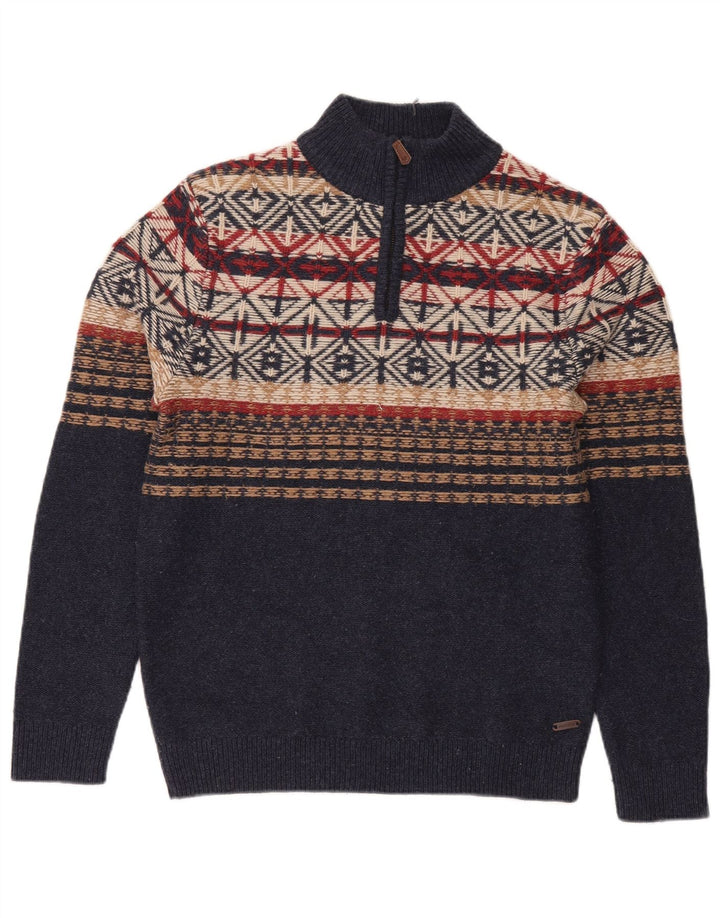 Suéter masculino branco com zíper e gola pequena, azul marinho, Fair Isle