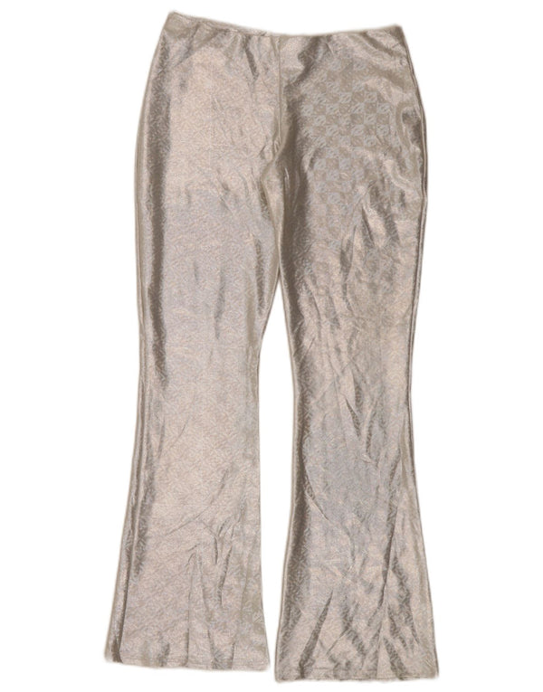 Calça feminina casual flare Topshop Reino Unido 10 pequena W30 L30 prata geométrica