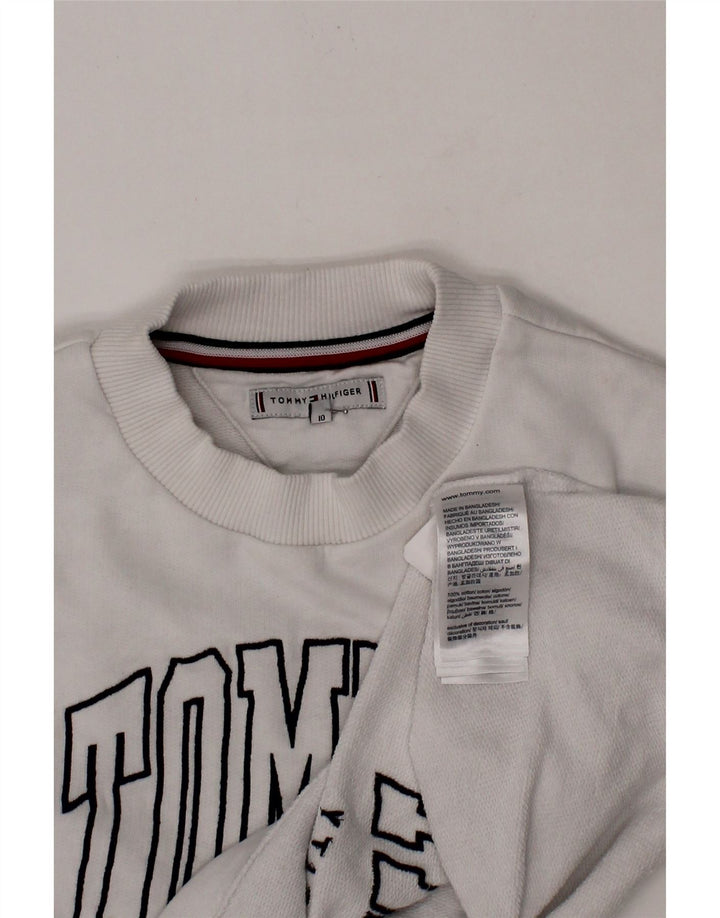 TOMMY HILFIGER Girls Crop Graphic Sweatshirt Jumper 9-10 Years White Vintage Tommy Hilfiger and Second-Hand Tommy Hilfiger from Messina Hembry 