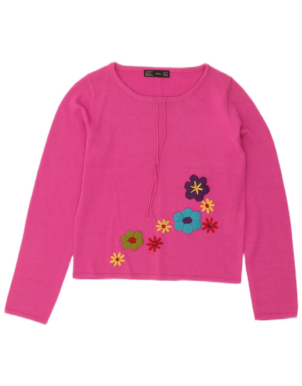 Zara Suéter feminino cropped com gola canoa Reino Unido 12 médio rosa floral acrílico