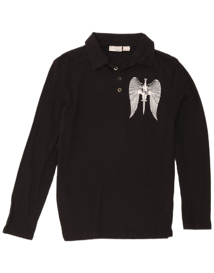 Camisa polo masculina de manga comprida com estampa arco-íris, algodão preto médio