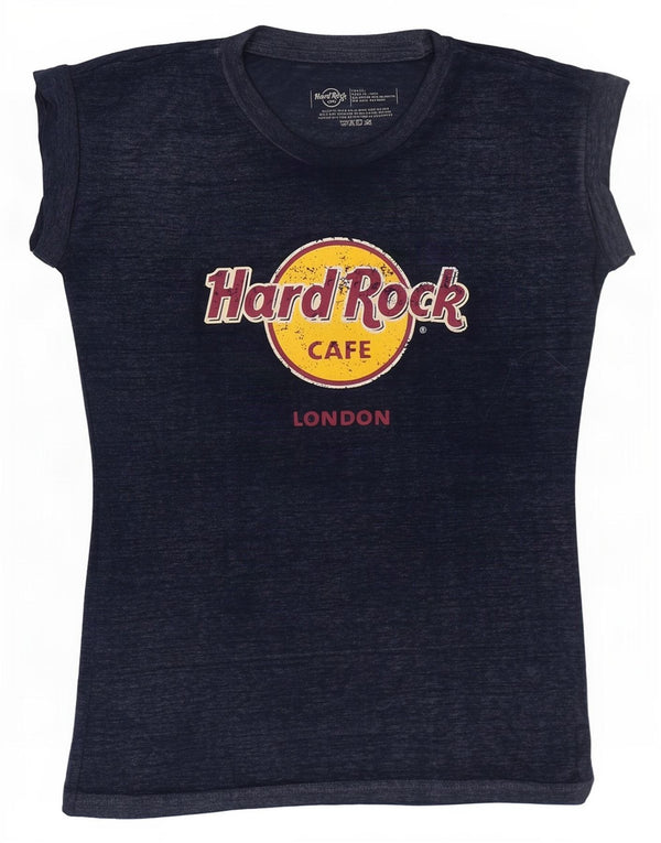 Camiseta feminina Hard Rock Cafe London Graphic Top Reino Unido 6 XS azul marinho manchado