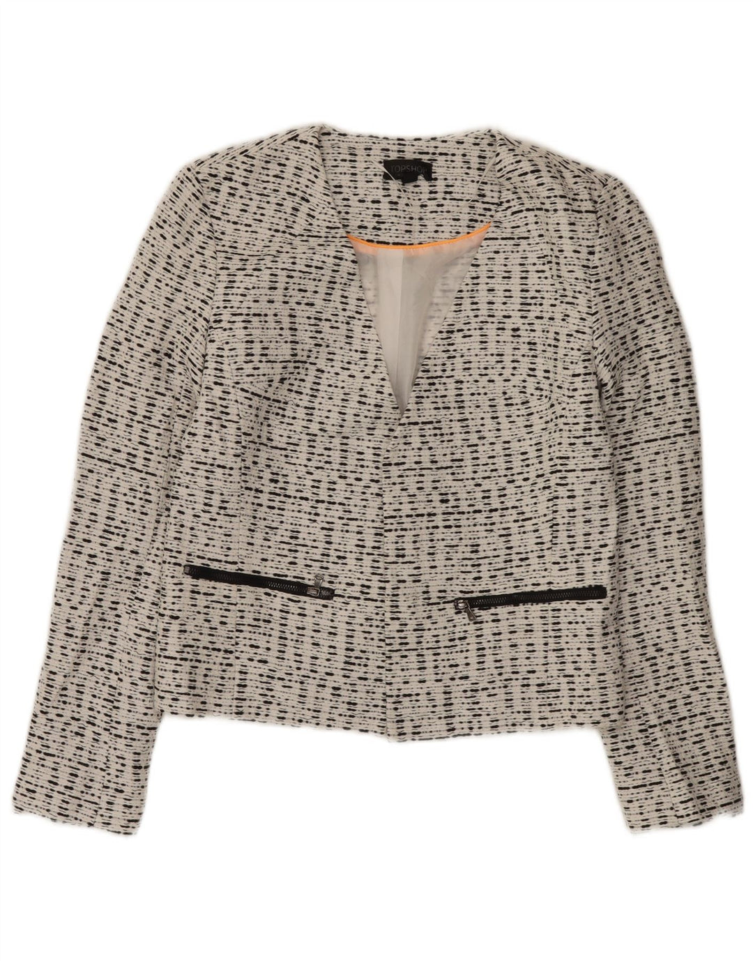 Jaqueta blazer aberta feminina Topshop Reino Unido 10 viscose manchada branca pequena