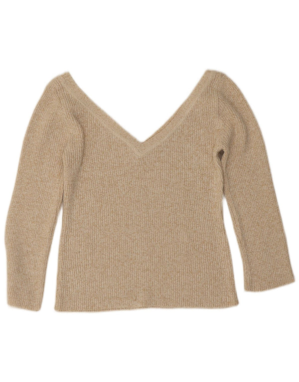 Suéter feminino Zara com manga 3/4 e decote em V Reino Unido 14 grande bege manchado